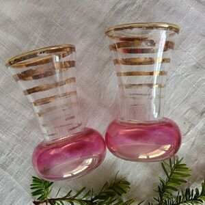 👄 MCM 👄 x 2 1950s - 60s small cranberry fade glass bud vases, gold gilded, 14k